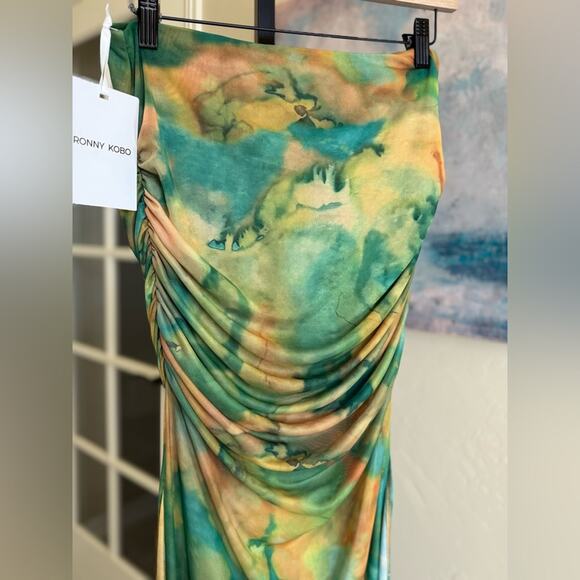 NWT Ronny Kobo Bruno Skirt Acid Tie Dye Size Large Ruched Mesh Maxi Bodycon - Picture 3 of 9